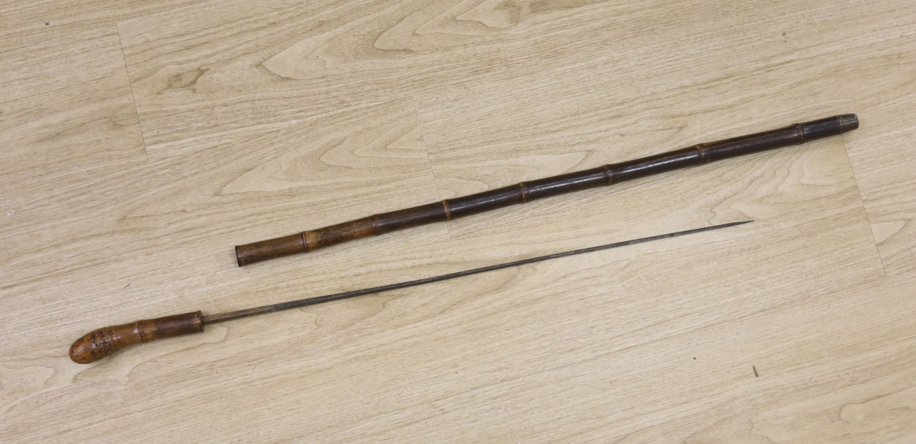 19th century German bamboo sword-stick made by Coulaux Cie, the blade marked ‘Klingenthal’. Total length 91cm